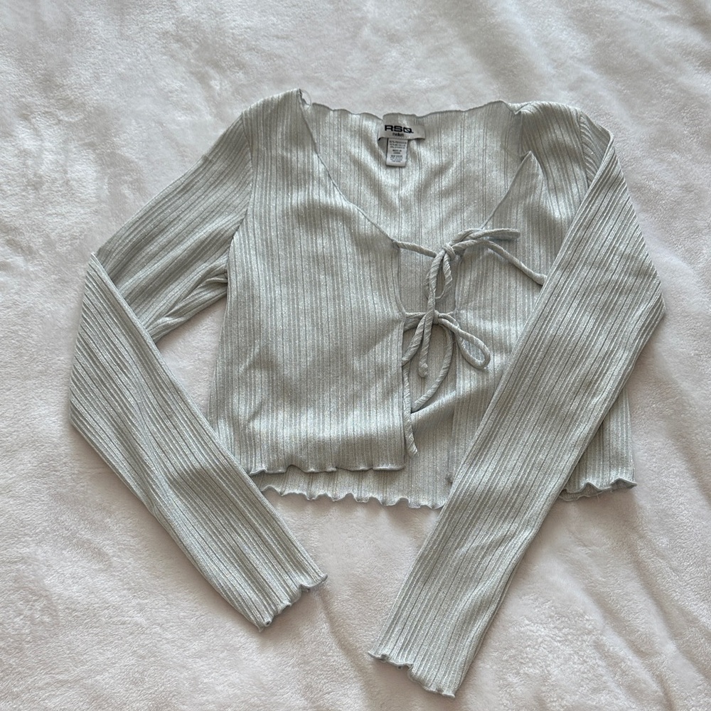 RSQ Light Gray Ribbed Tie-Front Blouse